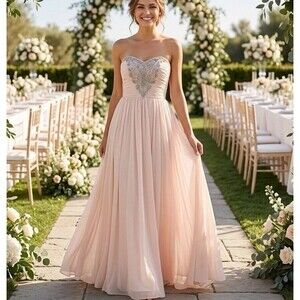 Pearl by Marchesa NWT Chiffon Maxi Dress Beaded Bodice Nude Pink Size 8 $110